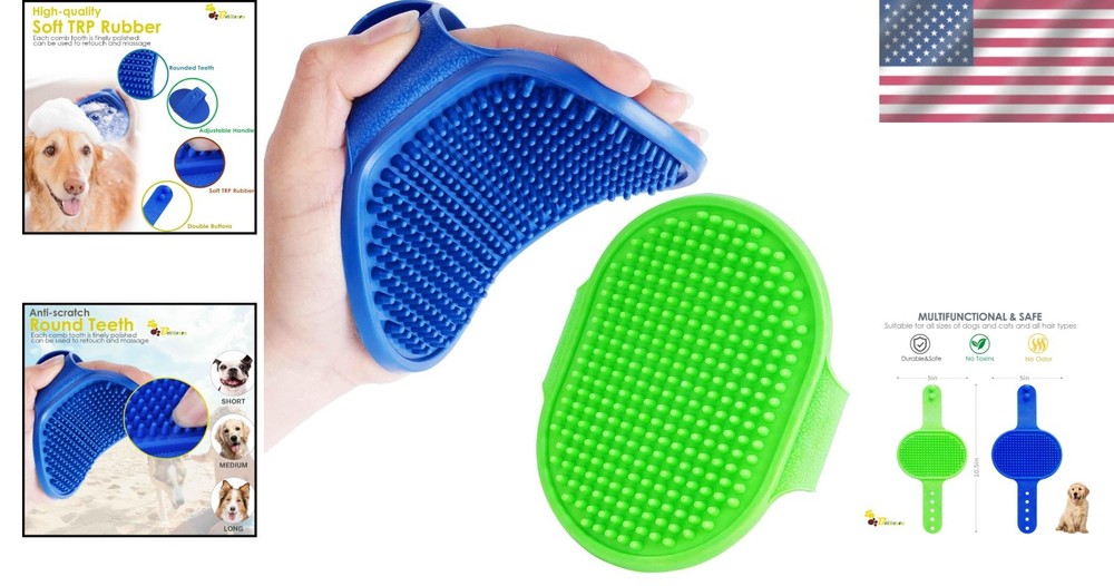 Soft Silicone Pet Grooming Brushes - Adjustable Handle for Dogs & Cats, 2 Pack