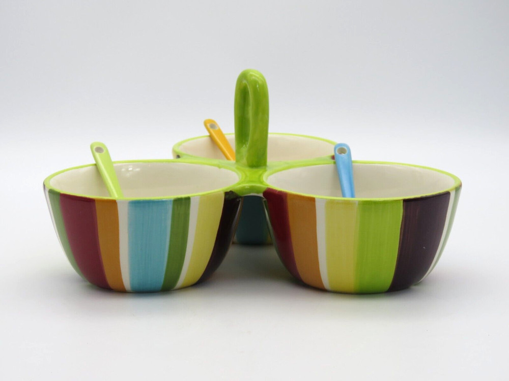 Southwestern 3 Section Condiment Server Ceramic With Spoons Multicolor Stripes