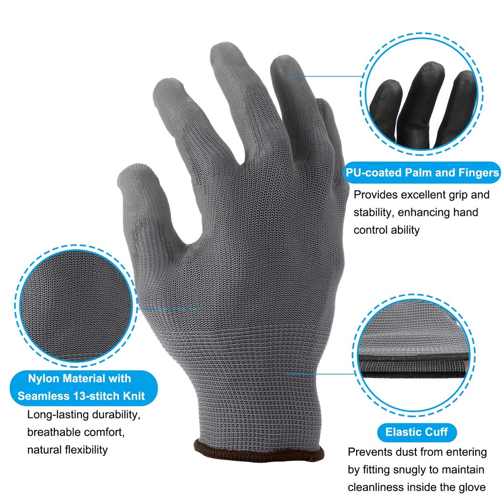 6 Pair Safety Work Gloves PU Coating Medium Working Glove with Grip, Gray