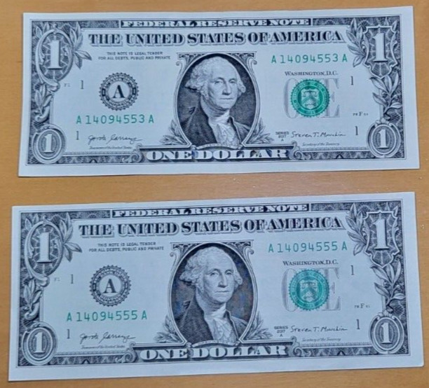 Two One $1 Dollar Bill Error Misaligned Front Thin  Left Margins