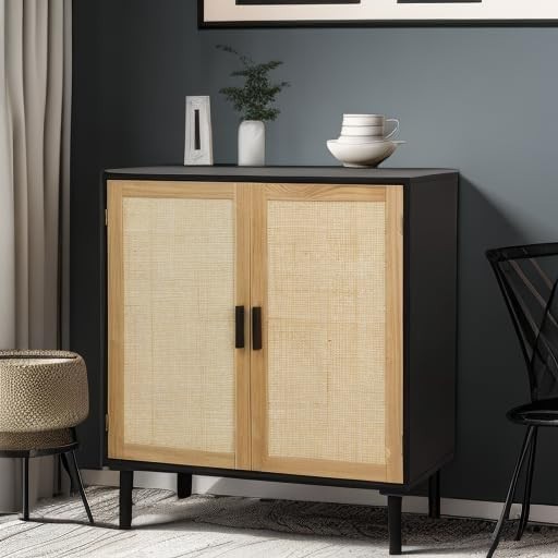 Sideboard Buffet Cabinet, Kitchen Storage Sideboard with Rattan Decorated Doo...