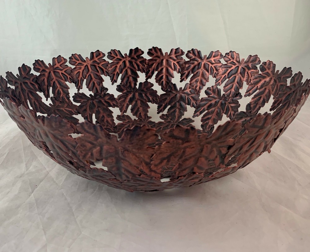 COPPER MAPLE LEAF VASE BOWL CENTERPIECE FALL AUTUMN OPEN WORK RARE DECOR