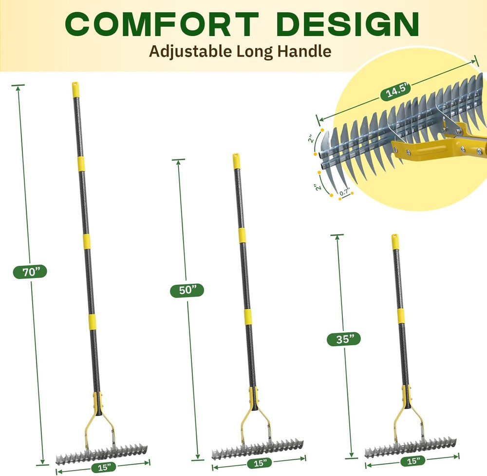 Dual-Action Dethatcher Rake - 19-Tine, Heavy Duty Landscaping Rake, Adjustable T