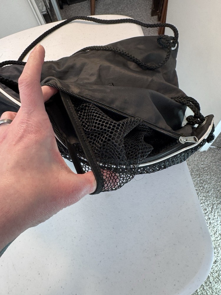 Black Mesh Drawstring Gym Bag with Zip Pocket, Lightweight, Shoulder Strap