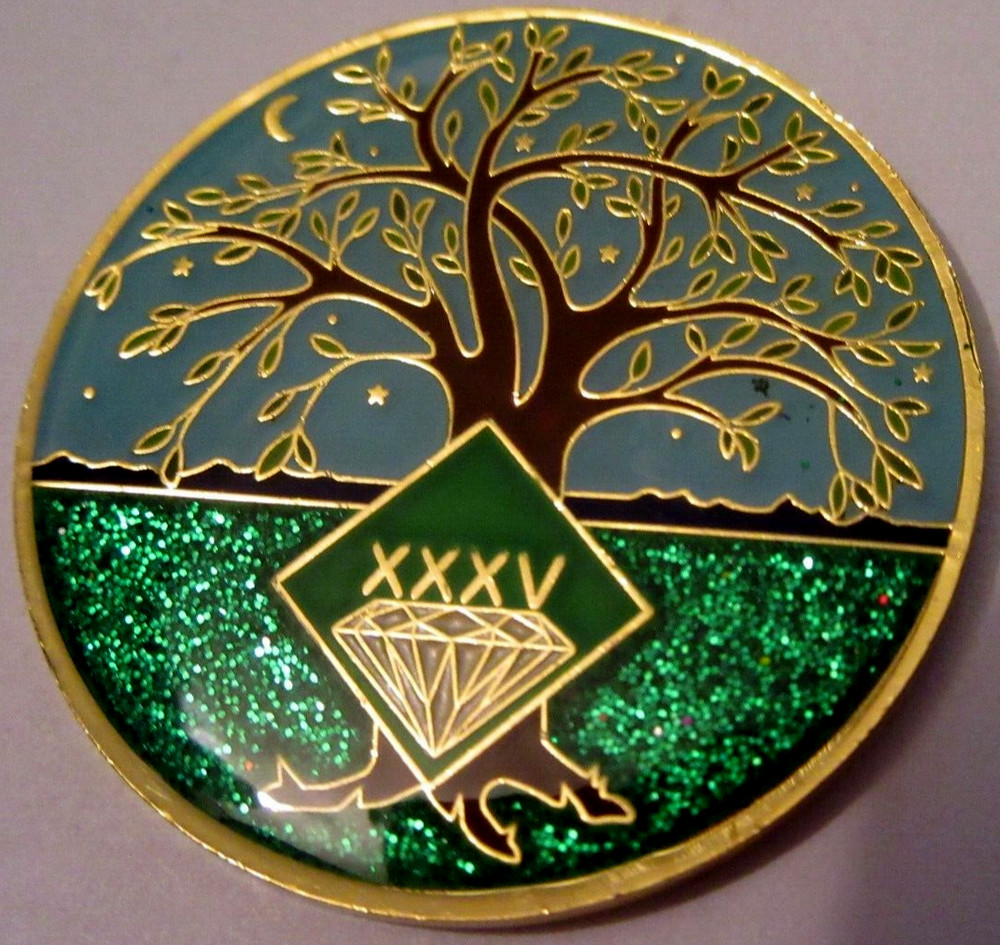 Narcotics Anonymous NA Tree Green 35 Year Medallion Gold Black