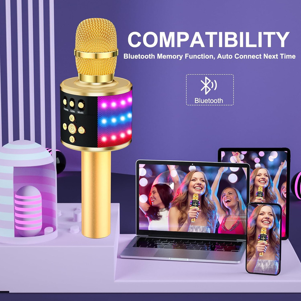 Bluetooth Karaoke Microphone with Disco Lights and Echo Effect - Gold Q78