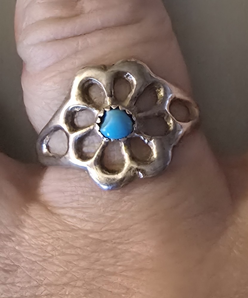 Native American Turquoise Silver Flower Ring Size 11