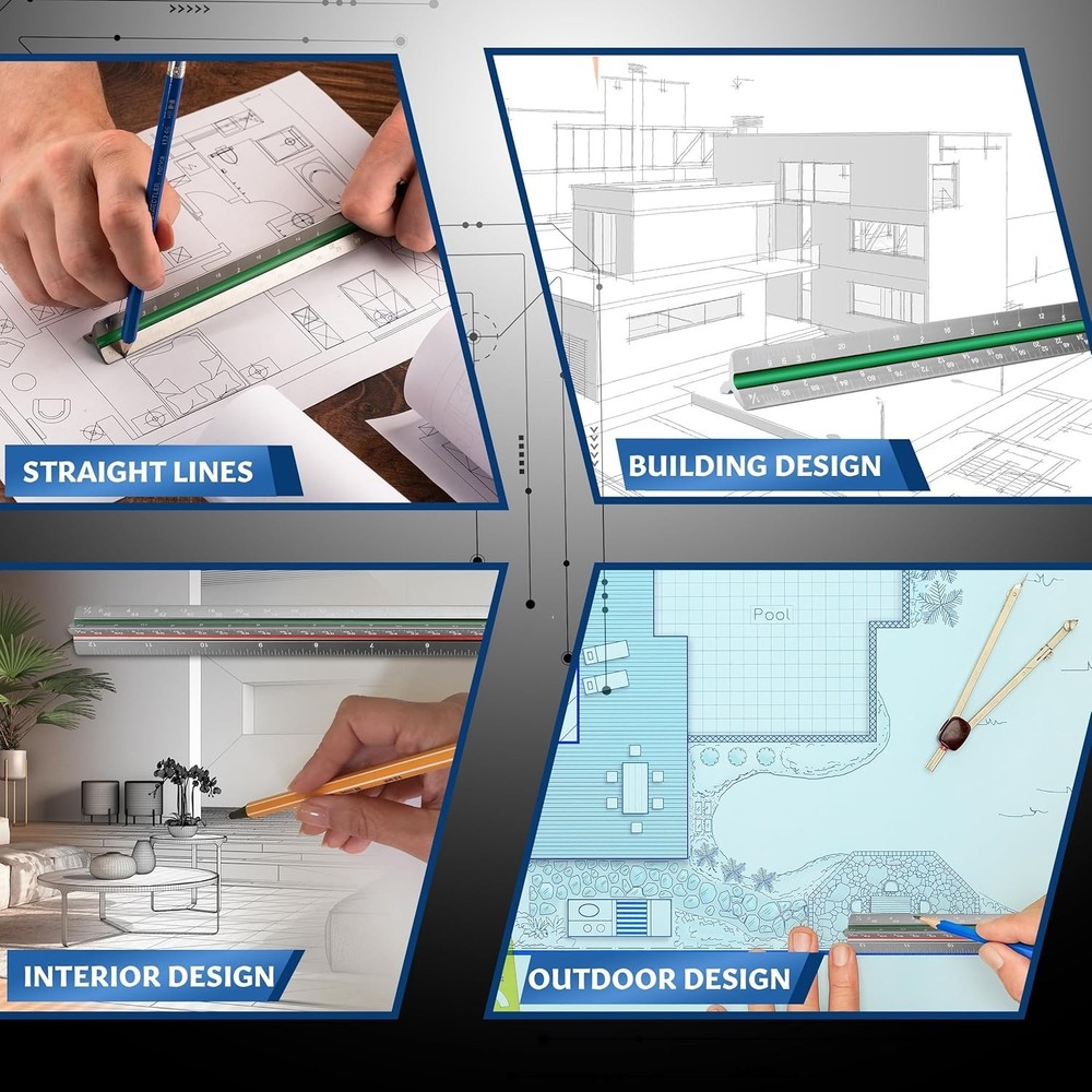 12" Aluminum Architect Scale Ruler Laser Etched Triangle Drafting Ruler, Colo...