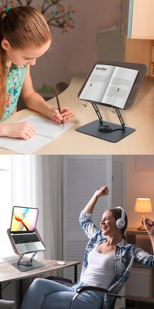 Book Stand Reading Multi-Angle Height Holder 360 Swivel Base Foldable Rack