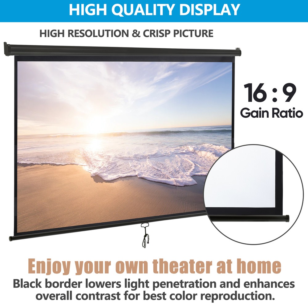 Projector Screen Pull Down 100" 16:9 HD Projection Screen Indoor Outdoor Black