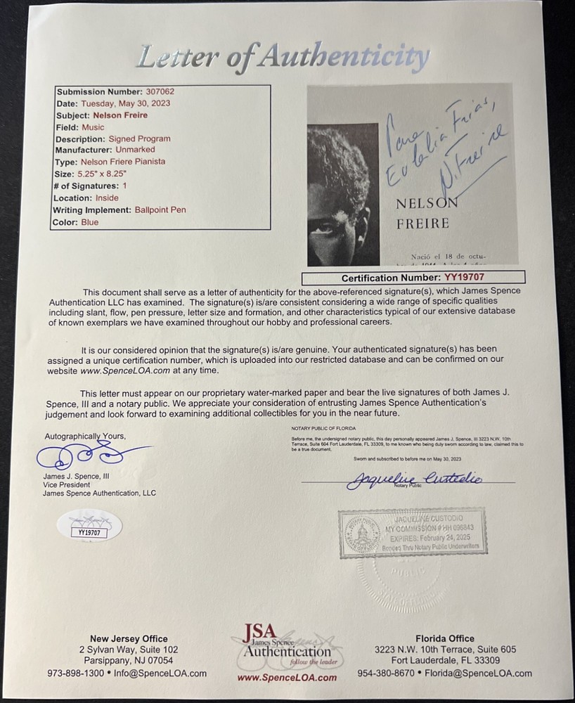 SIGNED Nelson Freire Barcelona Concert Program 1966 COA JSA VG+EX Condition