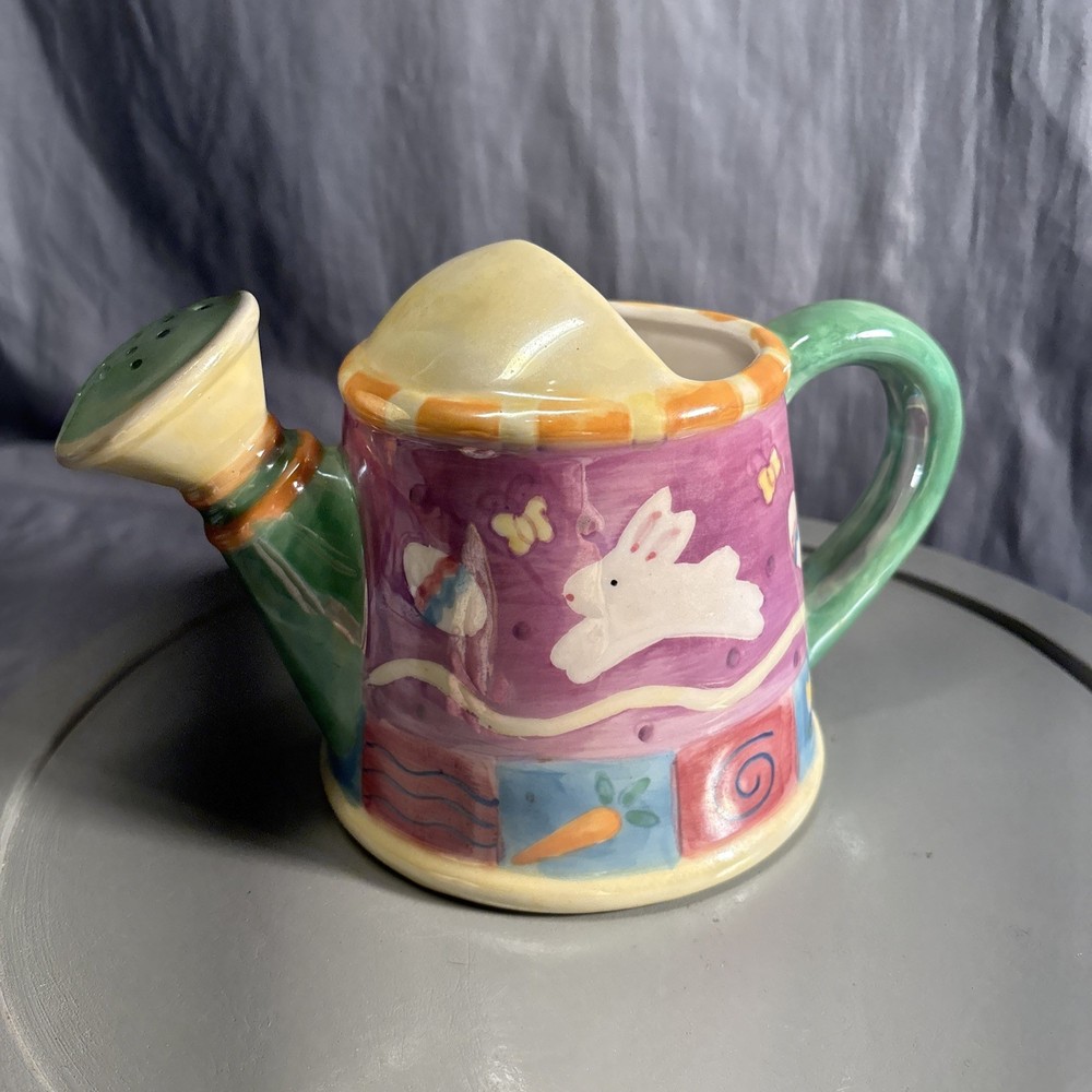 Vtg Watering Can or Planter 6.5" 2000 Palm Tree Ceramic Easter Bunny/Eggs Luster