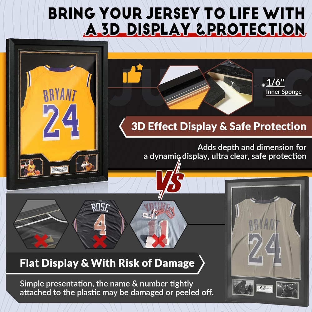 JupDec Jersey Frame Display Case, Large Clear Acrylic Shadow 1 Pack, Black