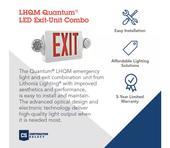 Lithonia Lighting LHQM LED Red Exit Sign With Emergency Lights, White, 2 Faces