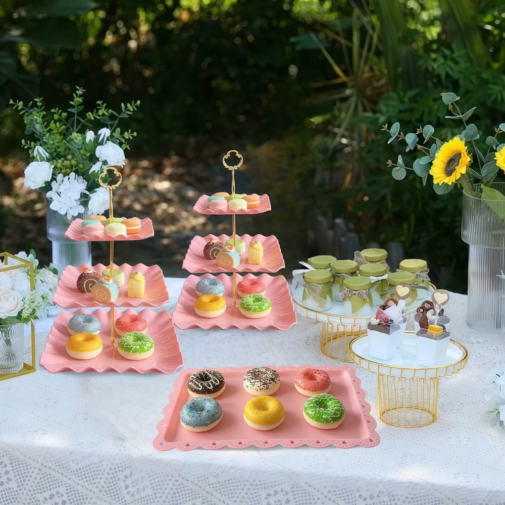 5 Pcs Cupcake Stand Set - Pink Plastic Dessert Table Display Set, 2x Pink Squ...