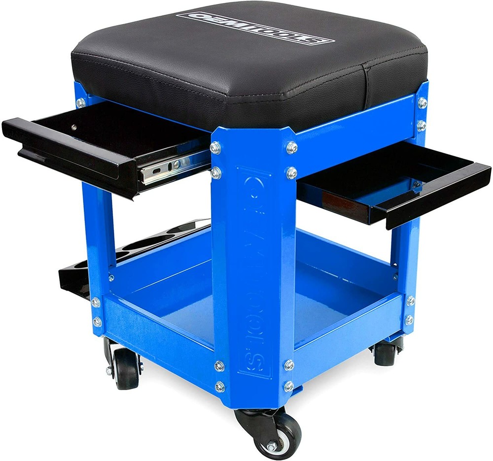 Blue Black Work Stool Rolling Toolbox Seat Shop Storage Creeper Mechanics Garage