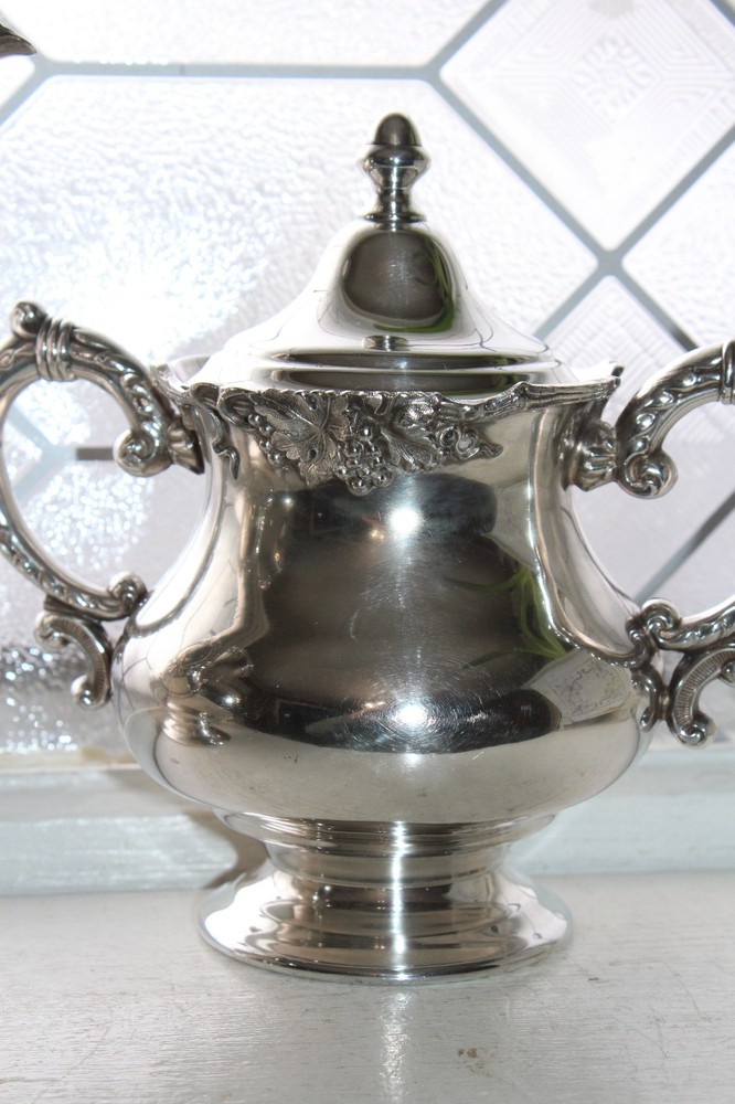 Antique Silverplate Teapot Creamer & Sugar EG Webster Silver Co Grape Pattern