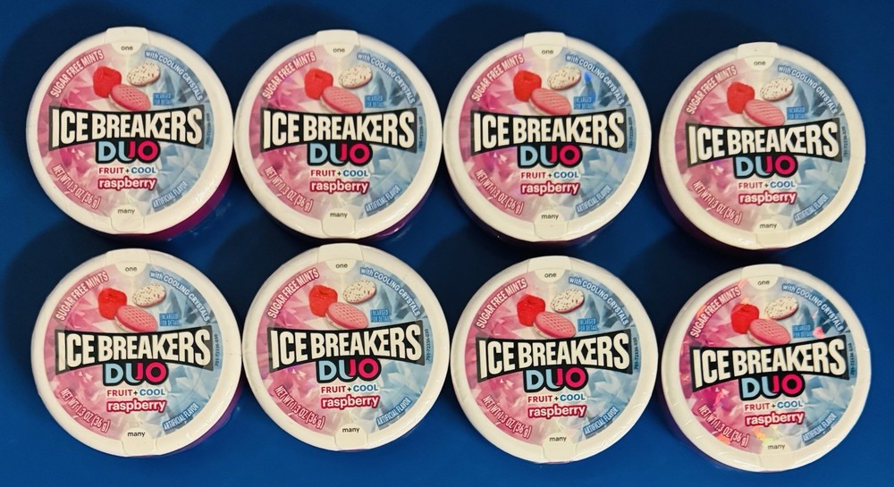 (8) Ice Breakers DUO Raspberry Mints 1.3oz Sugar Free Fruit Cool BB: 09/26