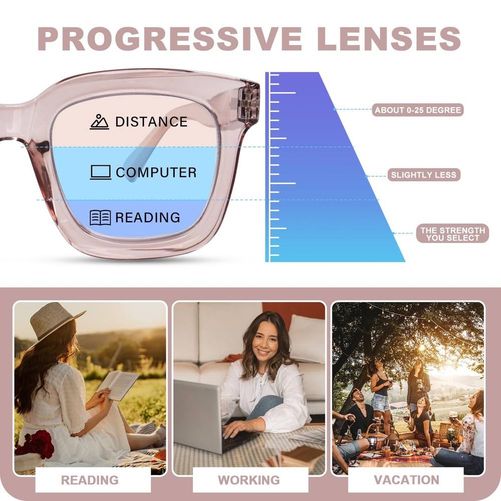 Progressive Multifocal Reading Glasses for Women, Oversized Square Blue Light Co
