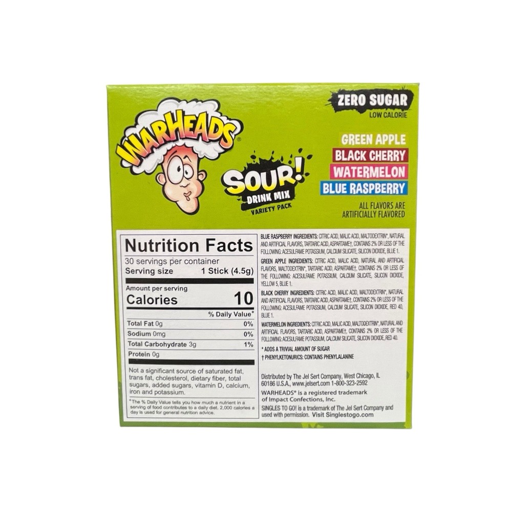 Warheads Variety Pack ~ 30 Packets Per Box ~ Sugar Free ~ Drink Mix