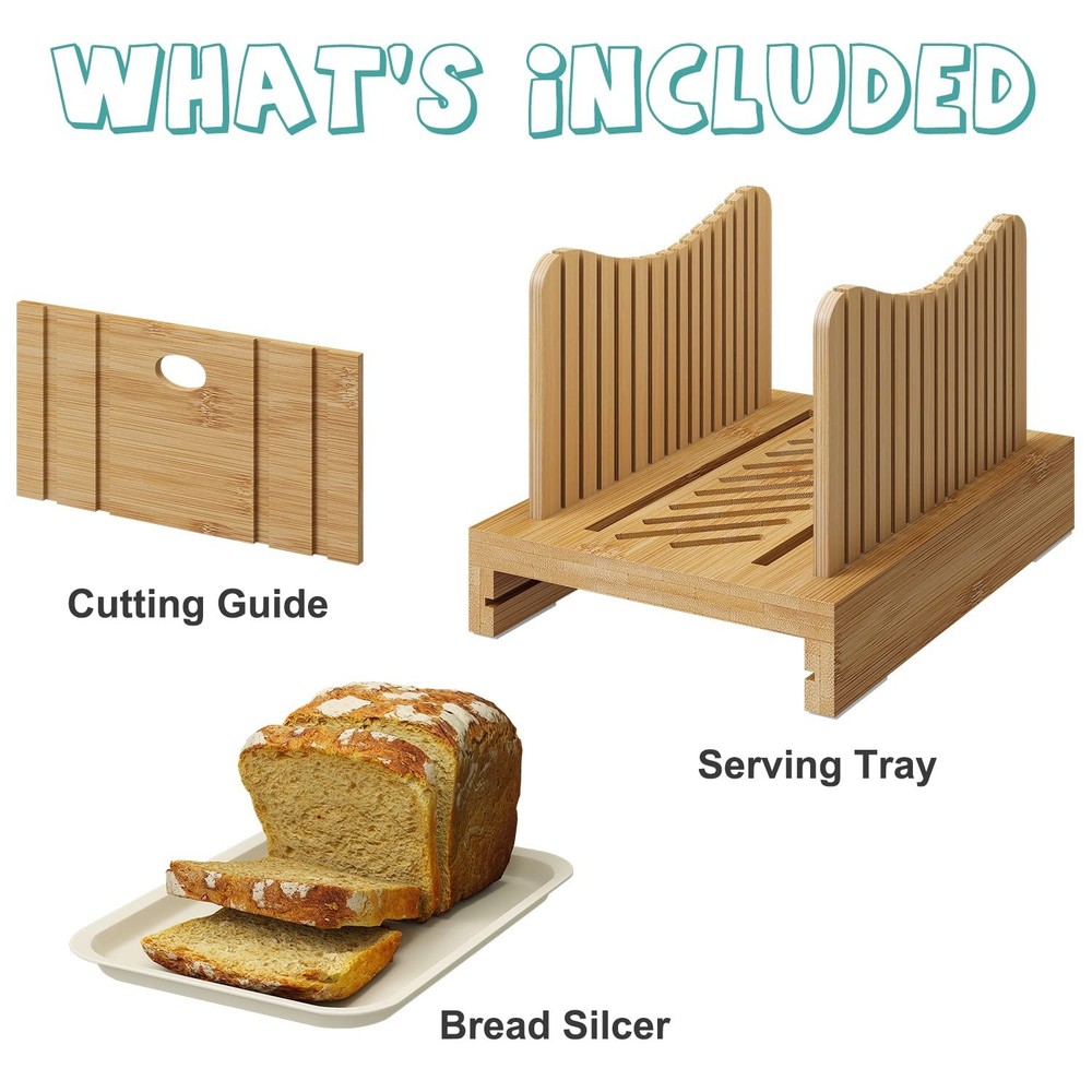 Bamboo Bread Slicer - Adjustable Width Guides. Sturdy Wooden Cutting Board. E...