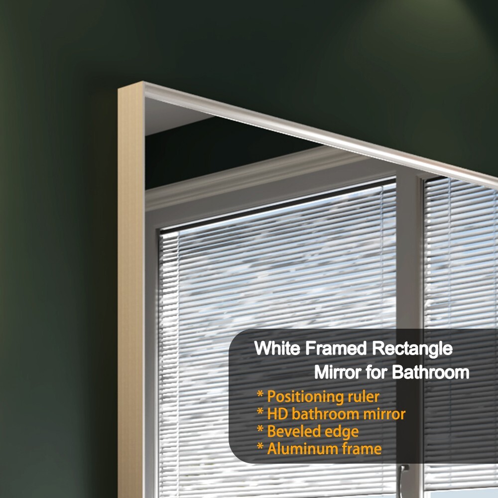 40x30 Inch Glossy White Rectangular Wall-Mounted Bathroom Mirror with Beveled