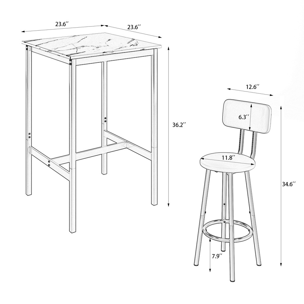 3 Piece Bar Table Set Counter Height Dining Kitchen Pub Table w/ 2 Stools