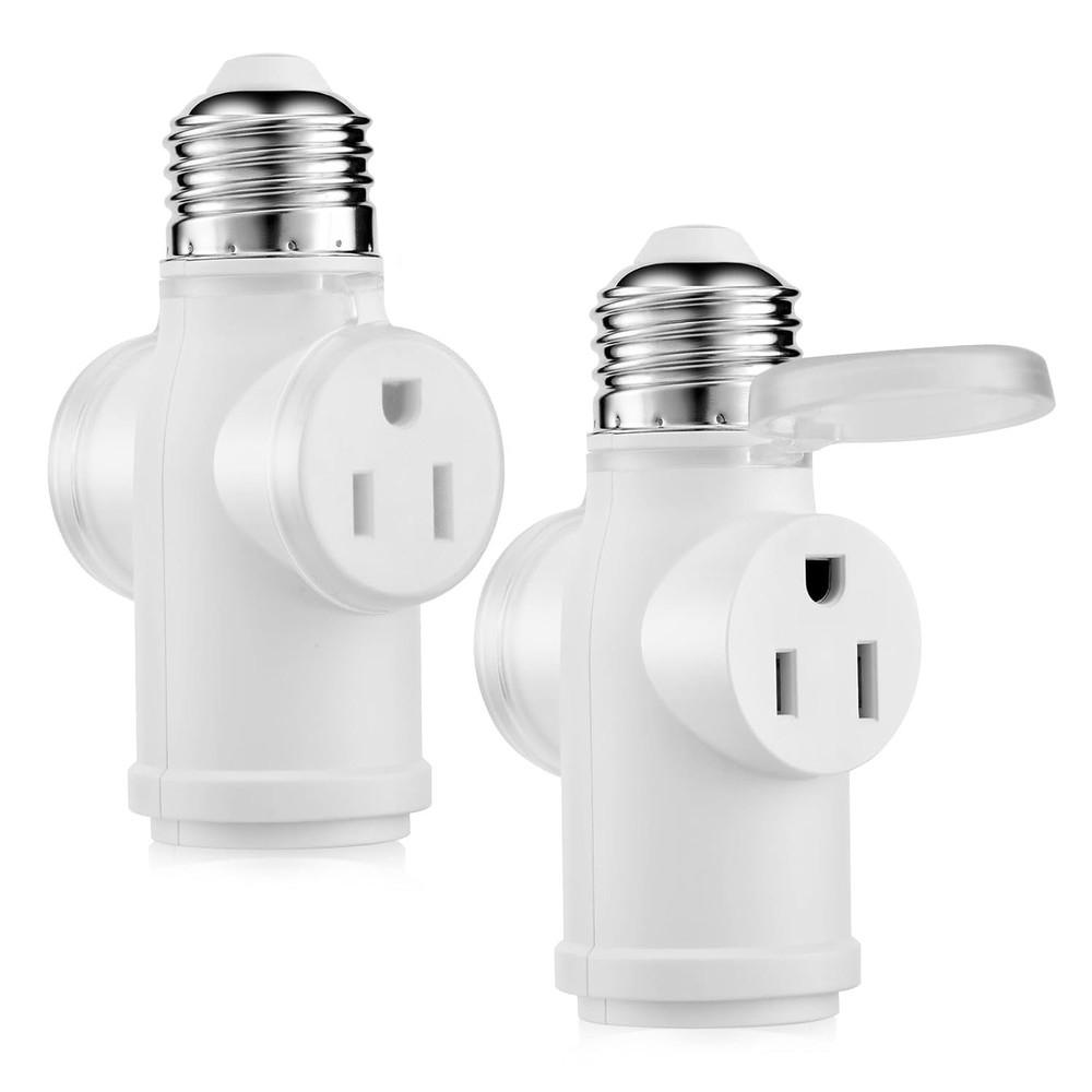 Light Socket Adapter 3 Prong Splitter Waterproof Dustproof White 2-Pack