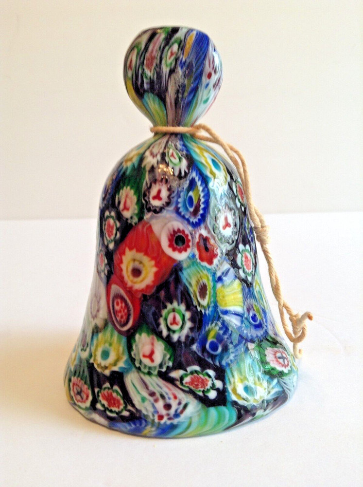 Millefiori Art Glass Bell Multicolor 4.25" Tall EUC