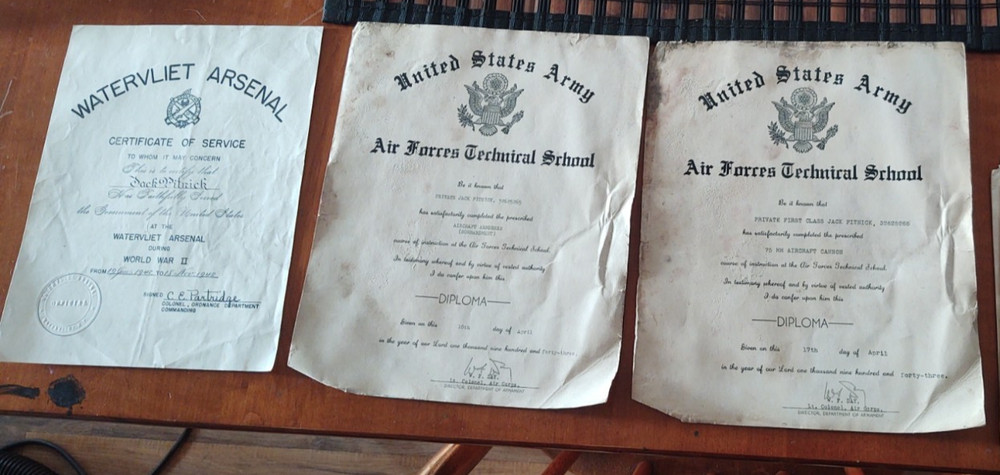 3 WW2 Documents , Jack Pitnick , 75mm Cannon ,Aircraft Armorers ,Watervliet