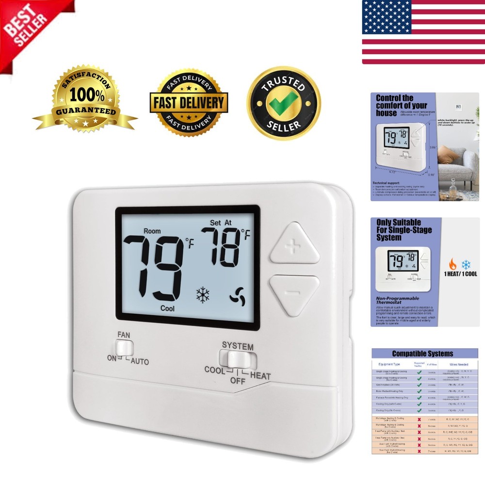 User-Friendly White Backlit Thermostat for Energy-Efficient Single-Stage Systems