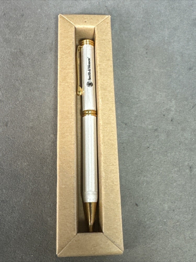 BARLOW REFILLABLE WRITING PEN ADVERT SMITH & WESSON WHITE & GOLD Preowned