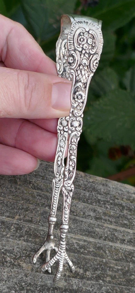 Antique German 800 Fine Silver Repousse Claw Tongs