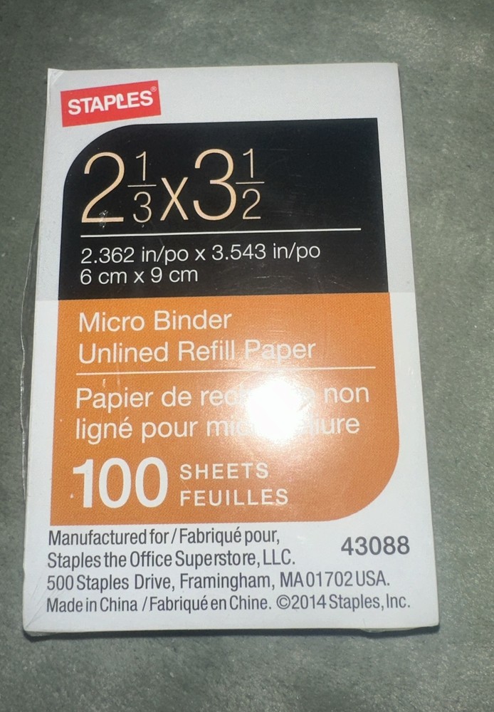 Staples Micro Binder Refill Pages,  Unruled 100 Sheets Total, New In Packaging.
