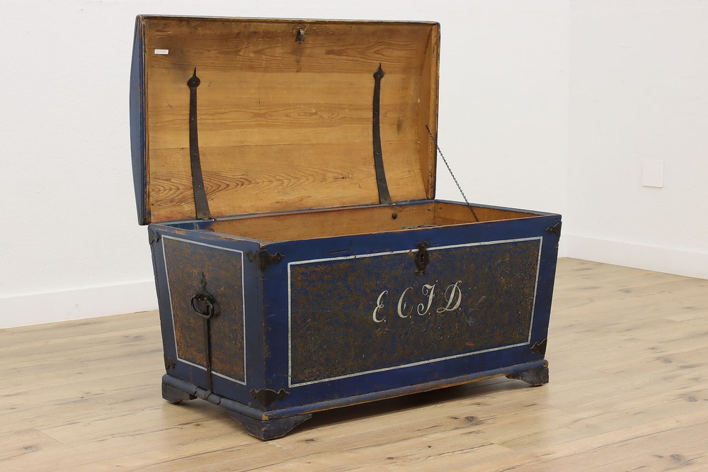 Norwegian Antique 1850s Painted Blue Immigrant Trunk #51748