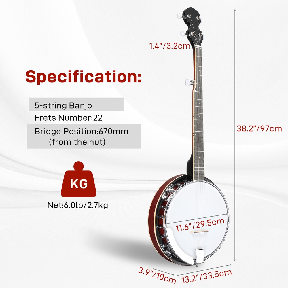 Full Size 5String Right Handed Banjos Set with Closed Solid Sapele Back US