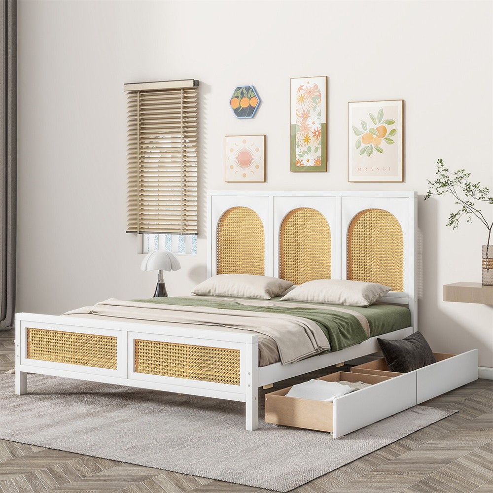 Full Size Bed Frame Wood Platform Bed Frame w/ Headboard & 2 Drawer White