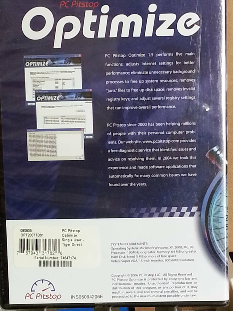 2006 Pc Pitstop Optimize 1.5 for Windows Xp, 2000, Me and 98