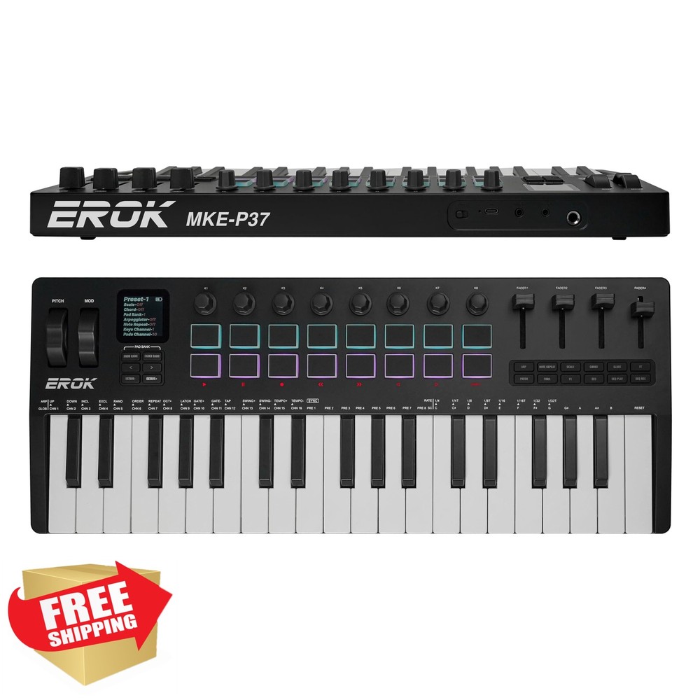 EROK 37 Key MIDI Keyboard Controller 16 Drum Pads 8 Knobs