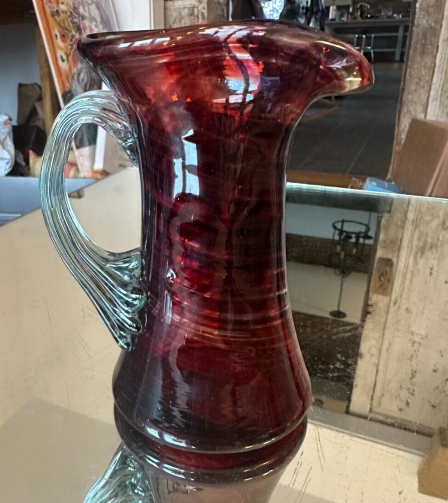 Hand blown Glass Ruby Red Pitcher Applied Ribbed Clear Glass Handle Bubbles Read