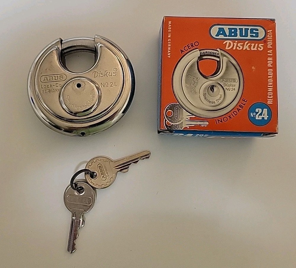 Vintage ABUS #24 Diskus Round padlock Hardened Stainless Steel NEW IN BOX Same #