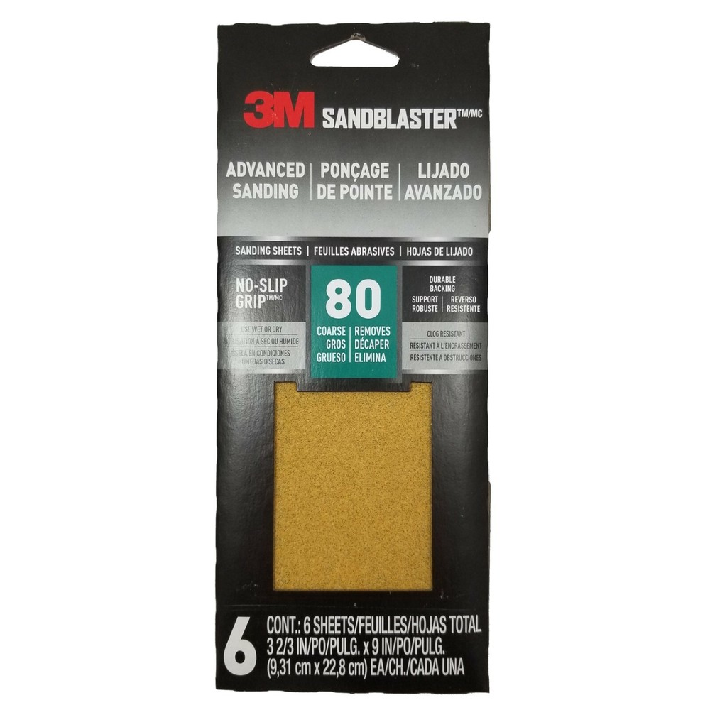 3M SandBlaster Sandpaper Advanced Sanding Sheets, 80 Grit Coarse, 6 Count / NEW