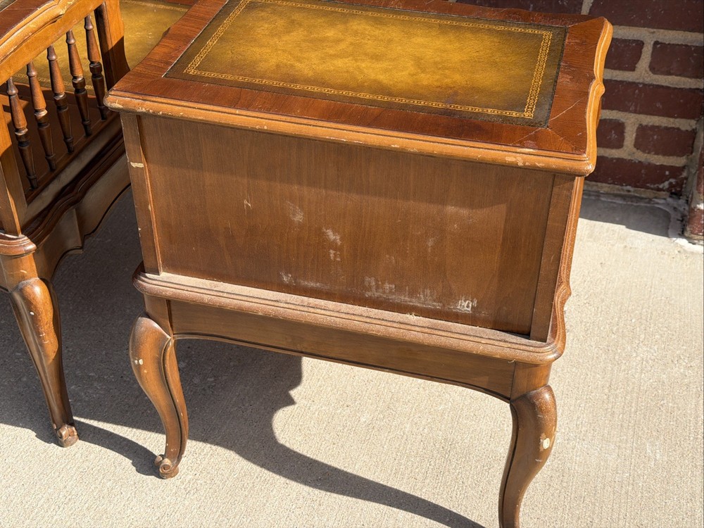 PAIR Step-Back Tooled Leather Top ANTIQUE Side End Tables