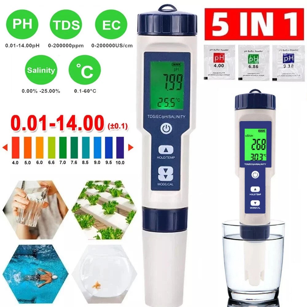 5 In 1 Digital Water Quality Meter Tester Tool PH/TDS/EC/Salinity/Temperature