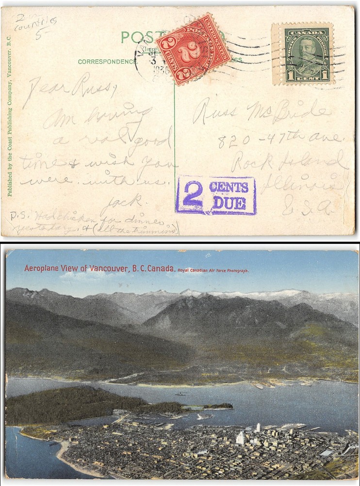 Canadian PPC with US postage due, 1936
