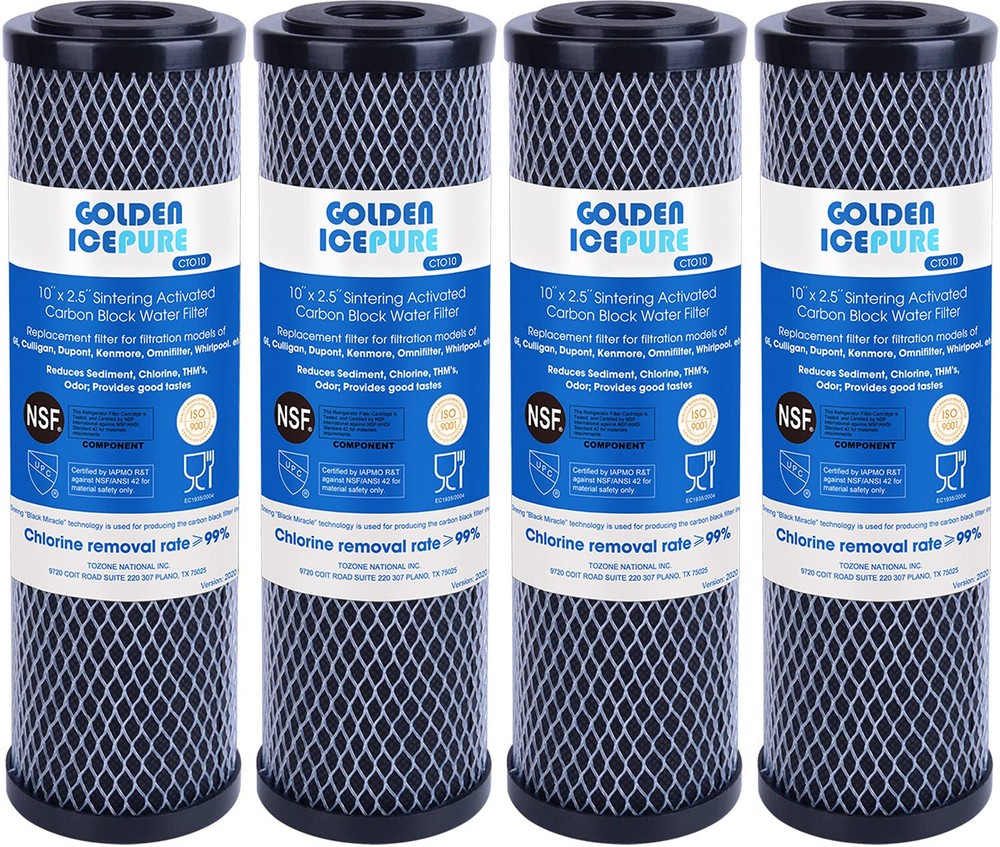 2.5" x 10" Whole House CTO Carbon Sediment Water Filter, GOLDEN ICEPURE, 4PACK