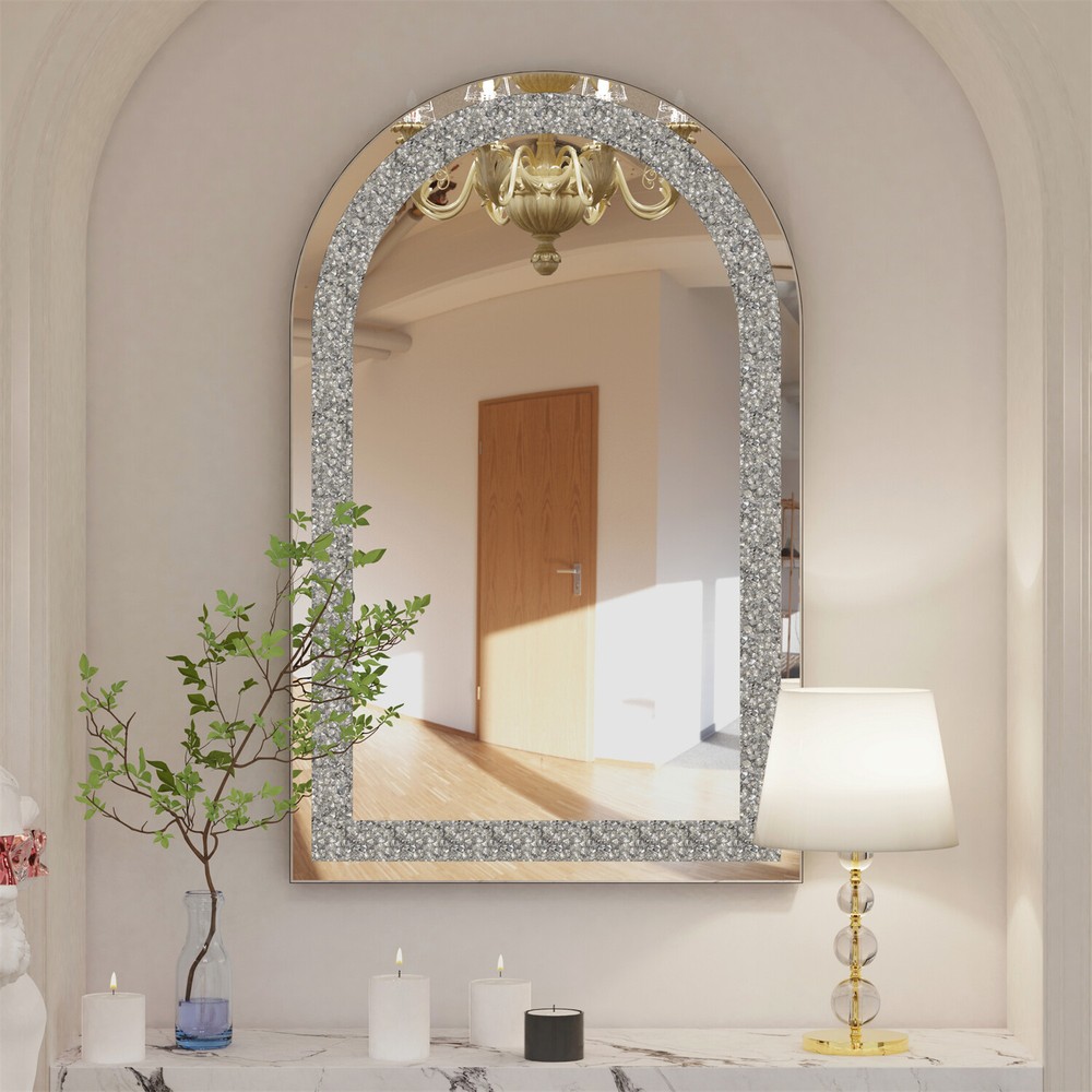Wisfor Crushed Diamond Mirror Bling Crystal Wall Mounted Bathroom Mirror Arched