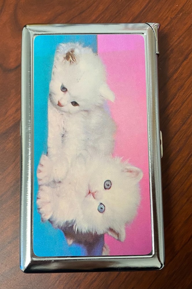 Vintage Kittens 100's Size Cigarette Case with lighter ID Holder Wallet Pink