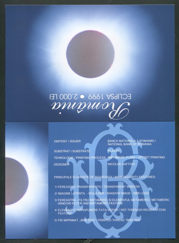 t089 LUCKY SERIAL 0400111 ROMANIA 2000 LEI 1999 SOLAR ECLIPSE POLYMER BANKNOTE