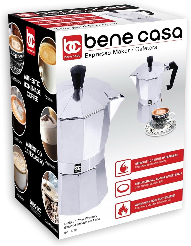 Bene Casa BC Classics BC-17730 6-Cup Aluminum Espresso Maker Silver